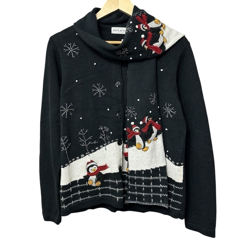 Christmas Penguin Holiday Cardigan Sweater with Scarf, Medium